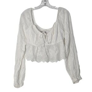 Hollister White‎ Eyelet Lace Square Neck Tie Front Crop Peasant Blouse Top Sz S